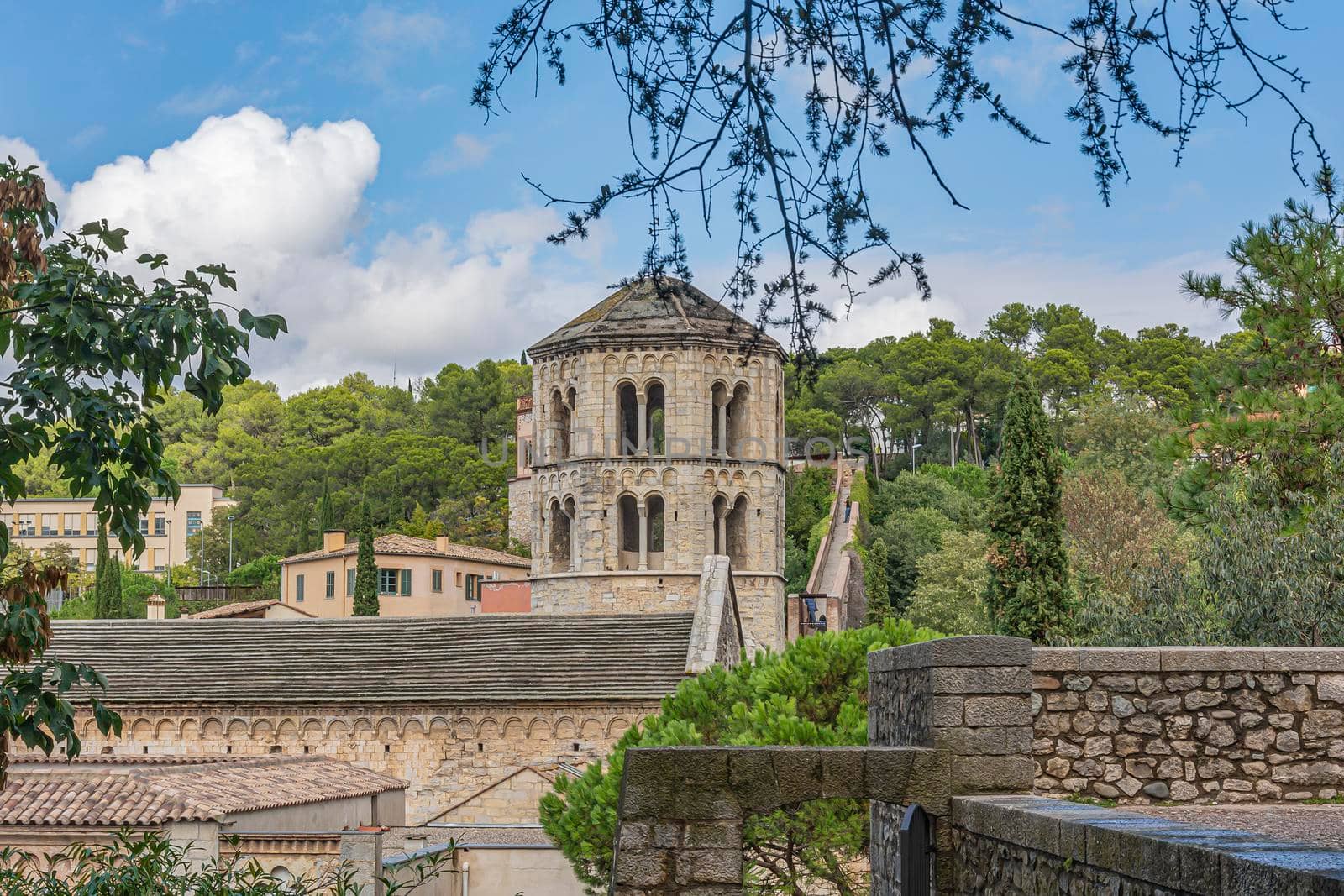 observation tower and the city wall of the 19th-century development in the vicinity of the historic center of Girona (Spain), Stock Photo