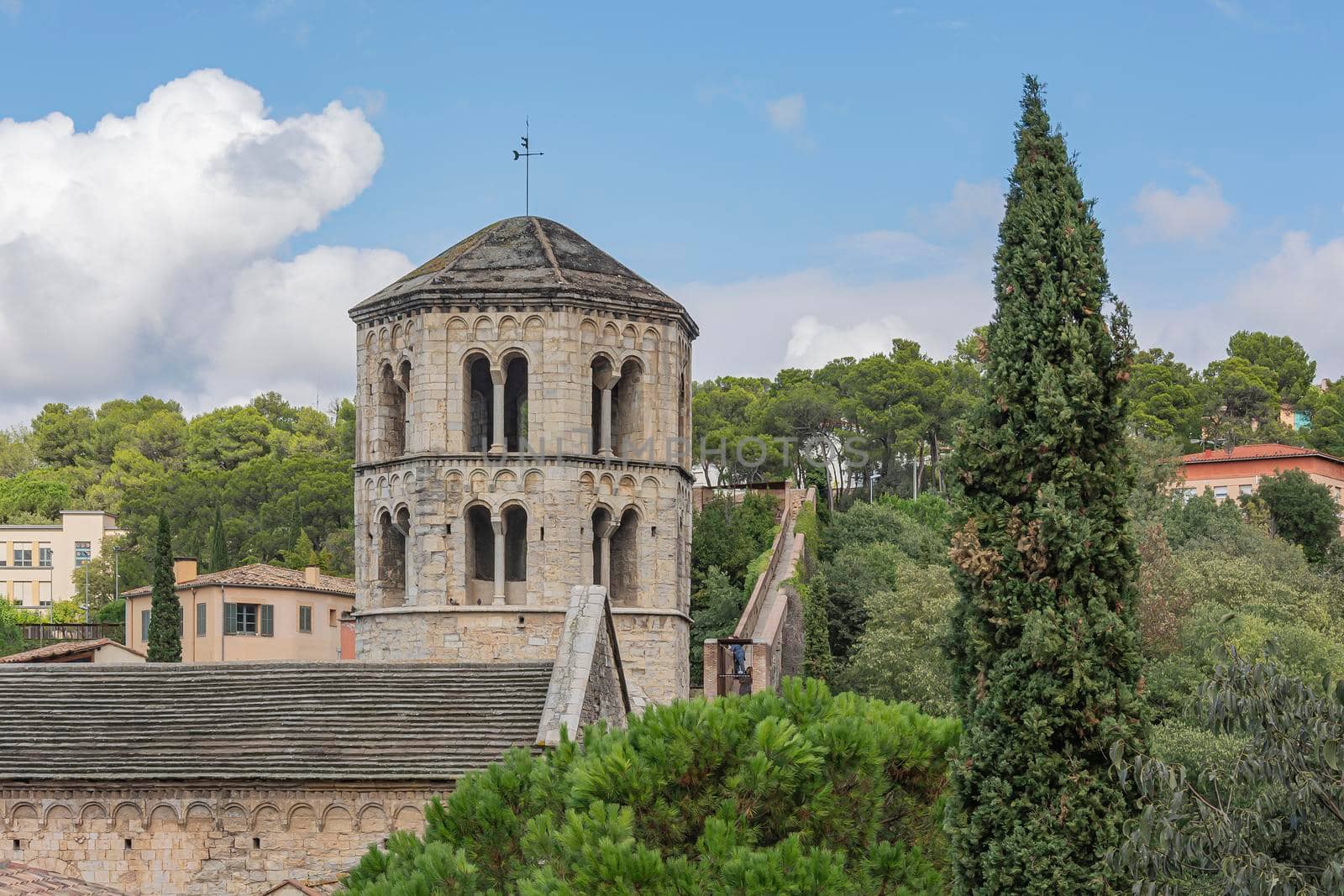 An observation tower and a city wall built in the XIX century in the vicinity of the historical center of Girona (Spain). Stock Photo