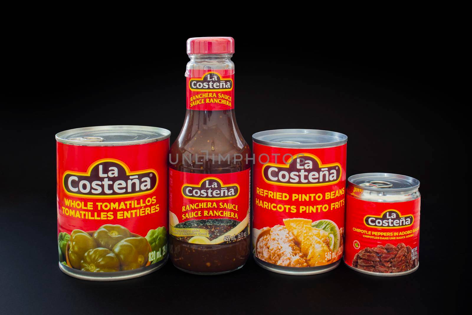 Calgary, Alberta, Canada. April 14, 2021. Mexican Food Cans of the brand La Costeña. Concept: Groceries and ingredients for latin cuisine.