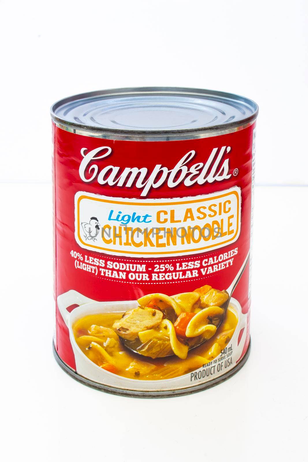 Calgary, Alberta, Canada. April 14, 2021. A Campbells Light Classic Chicken Noodle soup on a white background.