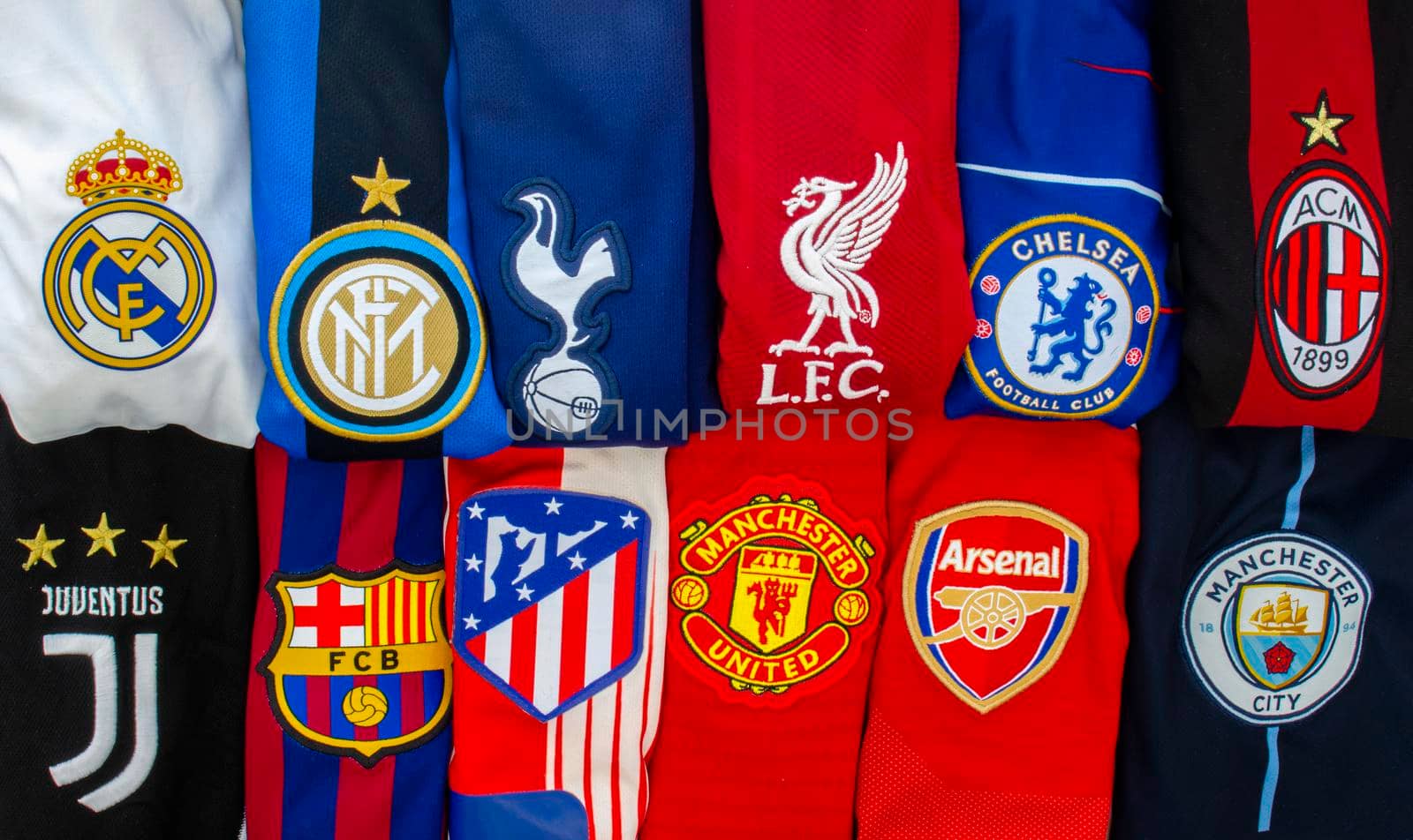 Chamartín, Madrid, Spain. April 19, 2021. Horizontal view of The Super League or European Super League teams jerseys. annual club football competition to be contested by an exclusive group of top European football clubs. by oasisamuel