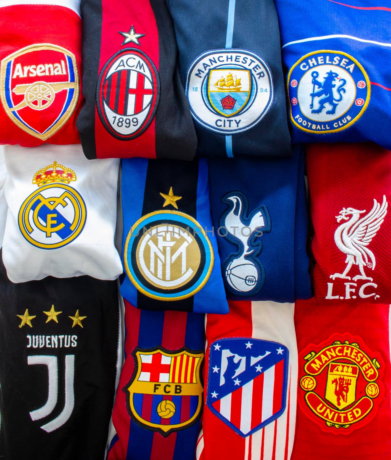 Chamartín, Madrid, Spain. April 19, 2021. Vertical view of The Super League or European Super League teams jerseys. annual club football competition to be contested by an exclusive group of top European football clubs.