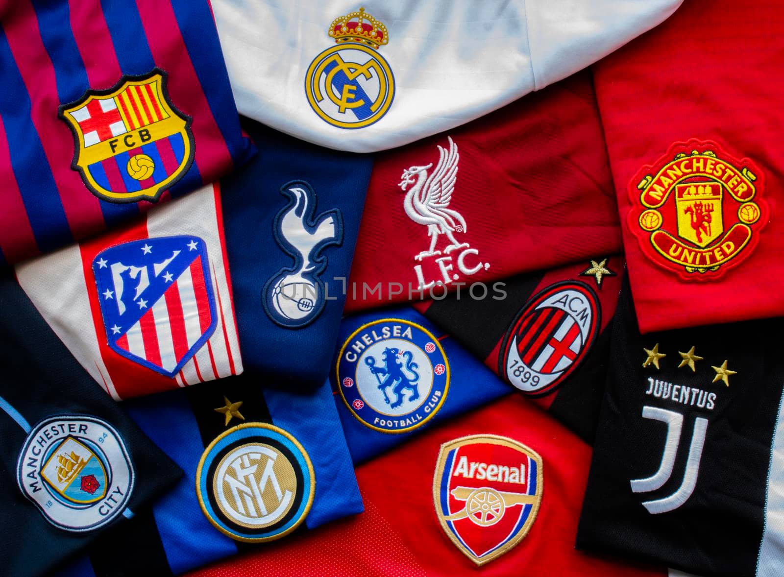 Barcelona, Catalonia, Spain. April 19, 2021. Horizontal view of The Super League or European Super League teams jerseys. annual club football competition to be contested by an exclusive group of top European football clubs. by oasisamuel