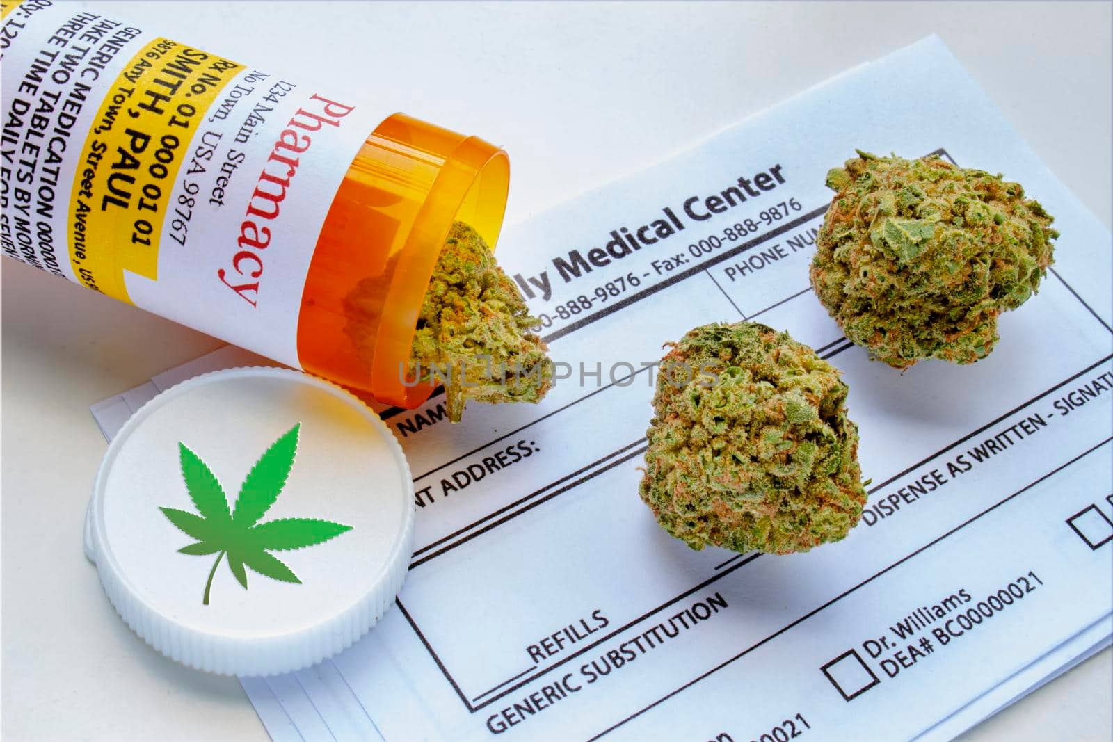 A medical cannabis bottle and on a generic prescription blank