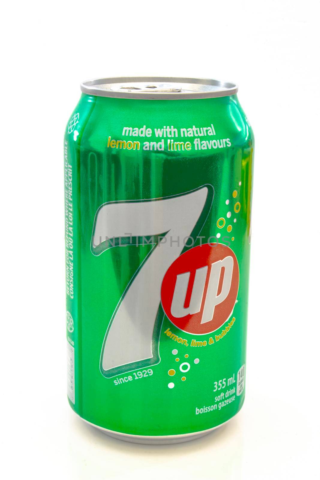 Calgary Alberta, Canada. May 1, 2021. A can of 7up an American brand of lemon-lime-flavored non-caffeinated soft drink. by oasisamuel
