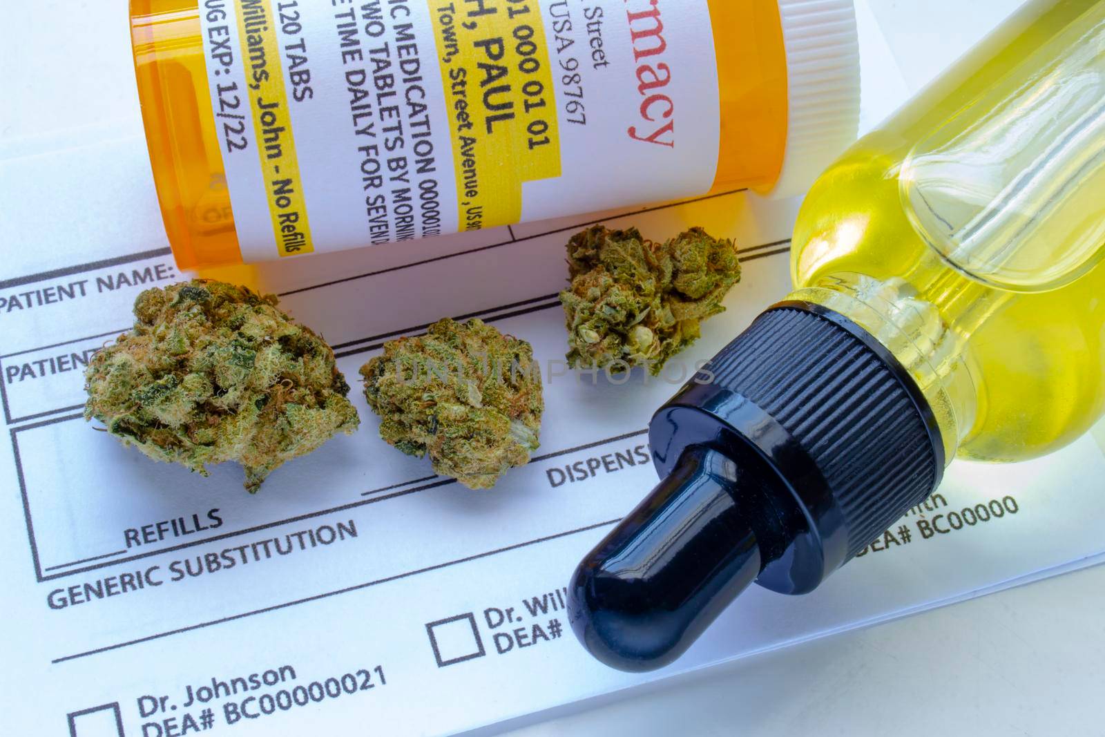 Close up of a medical cannabis Oil bottle and on a generic prescription blank by oasisamuel