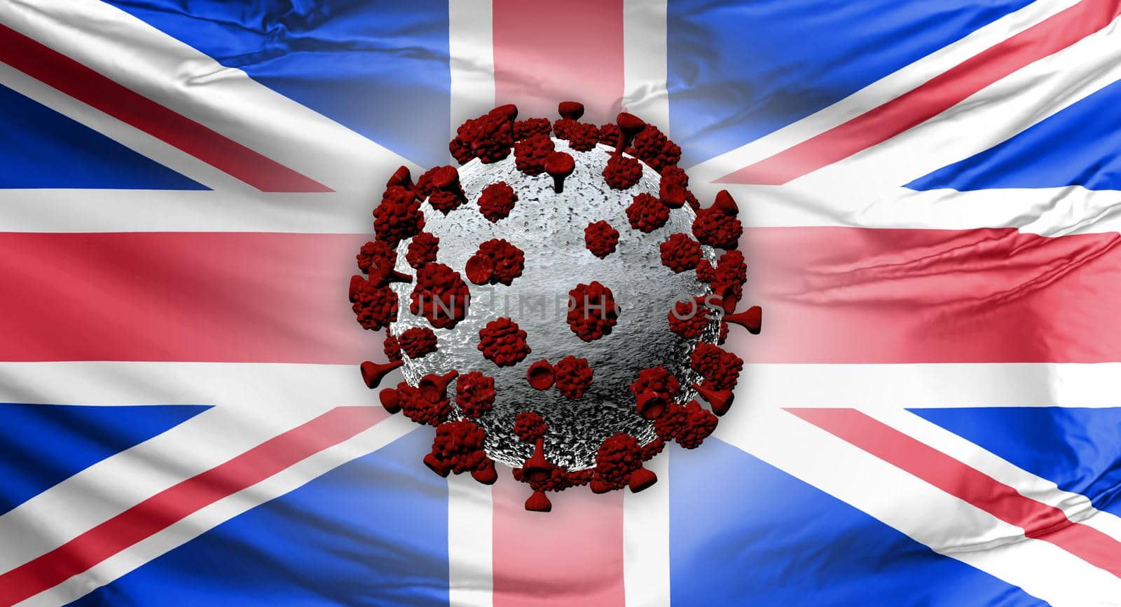 A UK flag with a Covid-19 virus. United Kingdom variant.