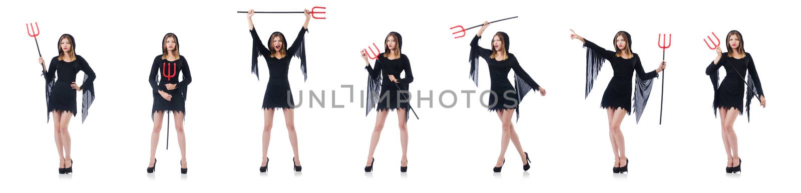 Woman devil with trident isolated on white