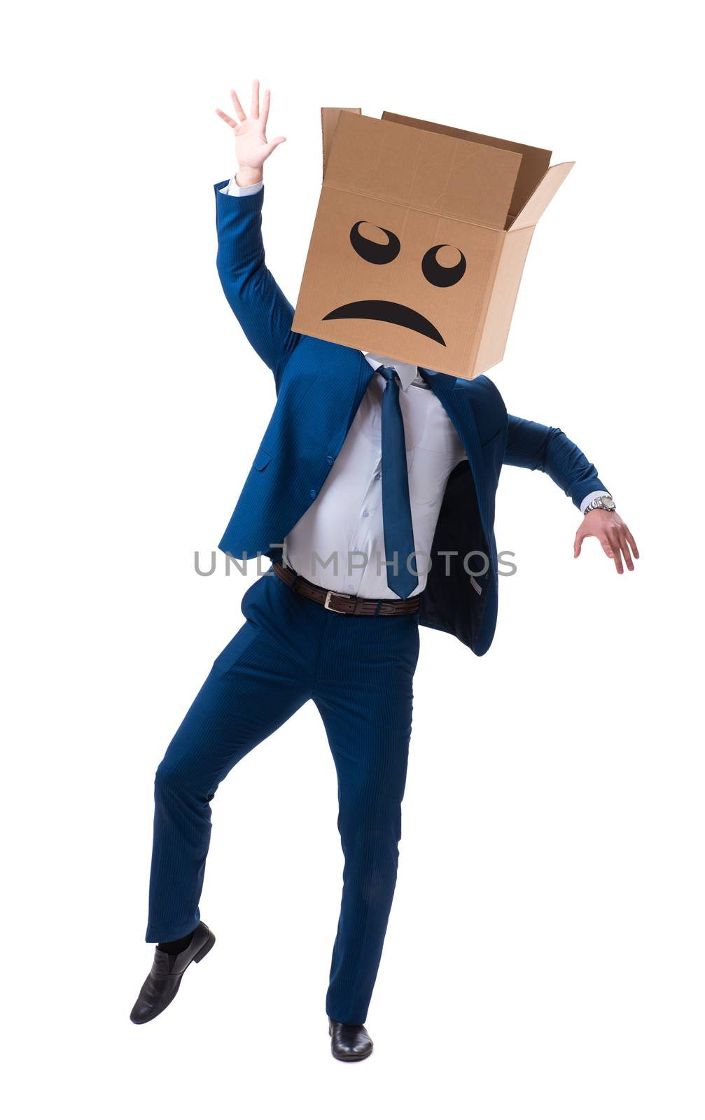 Businessman with box and unhappy face