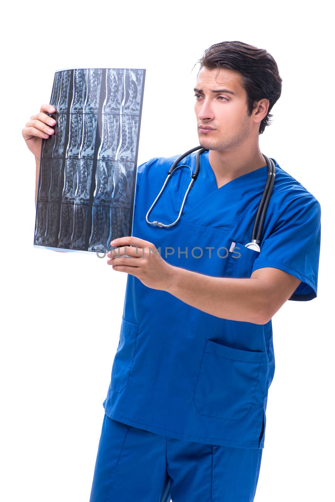 Radiologist doctor with x-ray image isolated on white