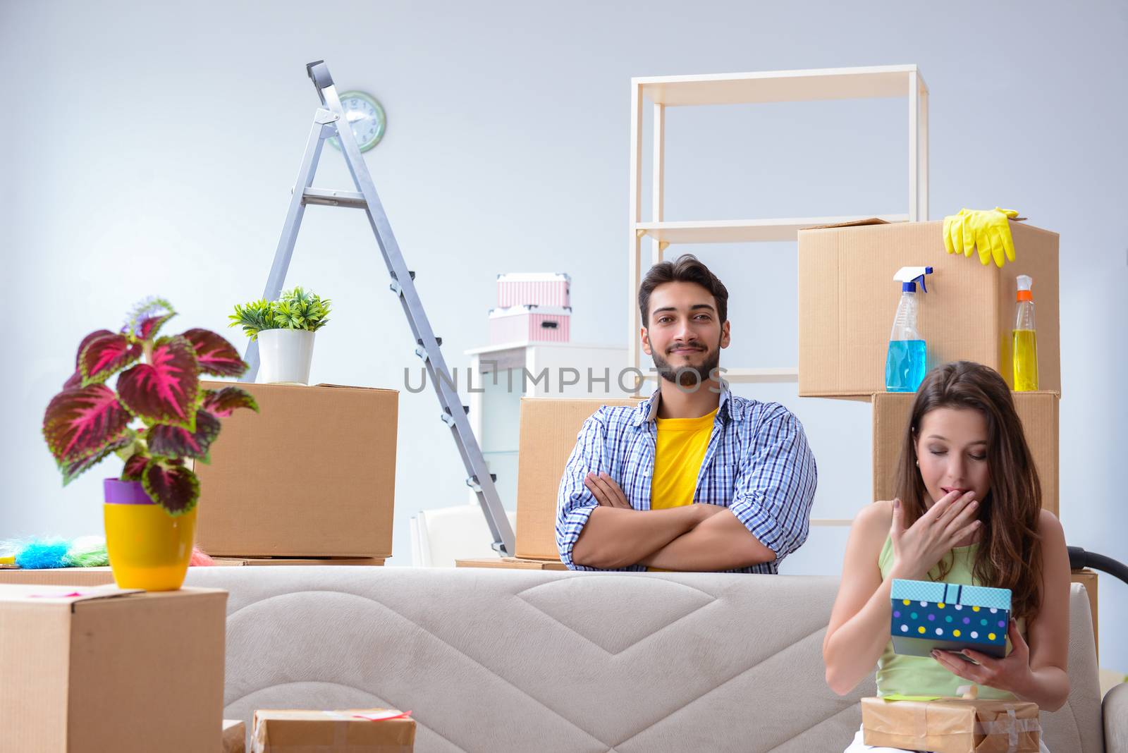 Family preparing for christmas after relocation