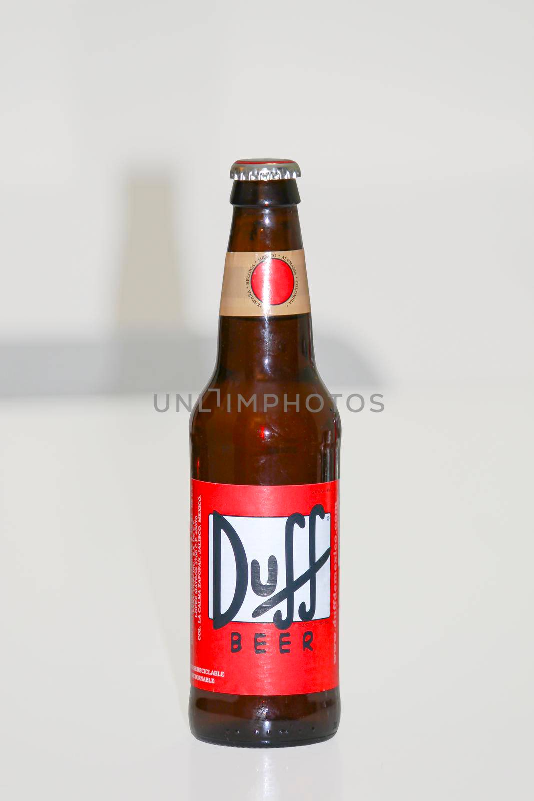 Calgary Alberta, Canada. Feb 15, 2021. A bottle of Duff Beer on a clear background by oasisamuel