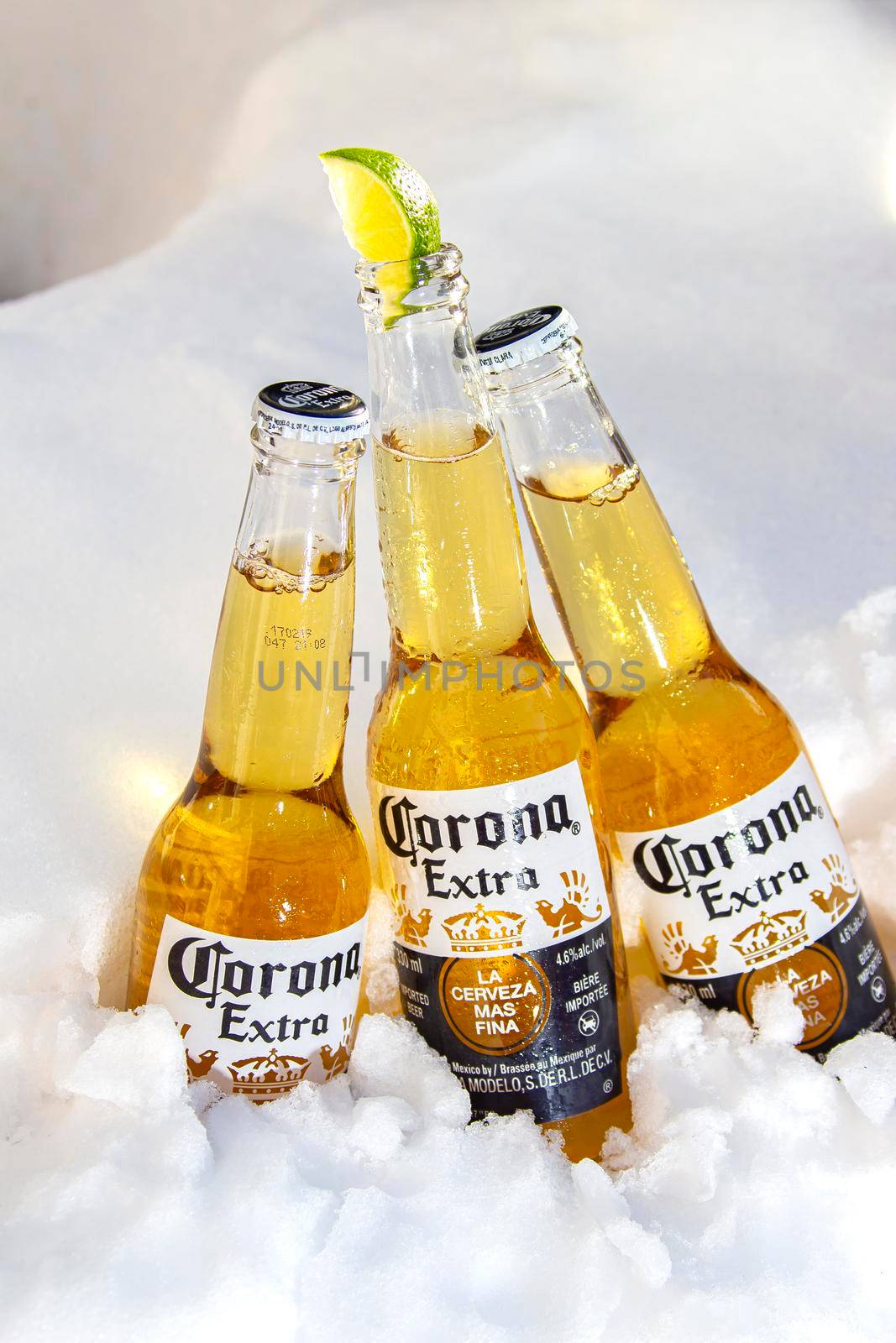 Calgary AB, Canada. October 1, 2019. three Corona beer bottles with lime on ice snow, full view.
