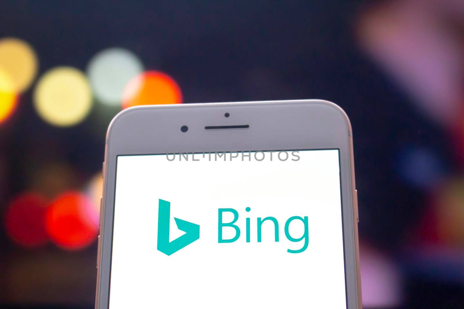 Calgary, Alberta. Canada May 22, 2020. An iPhone Plus with a Bing logo on the screen.