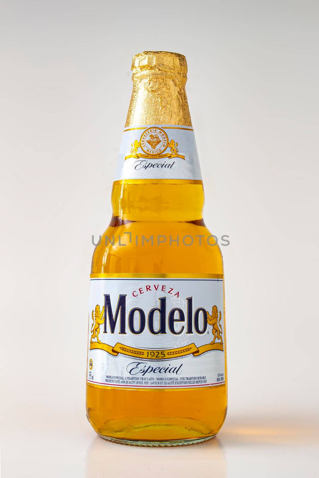 Calgary, Alberta, Canada. May 1, 2020. Modelo Especial beer bottle clear bright yellow colour on a white background
