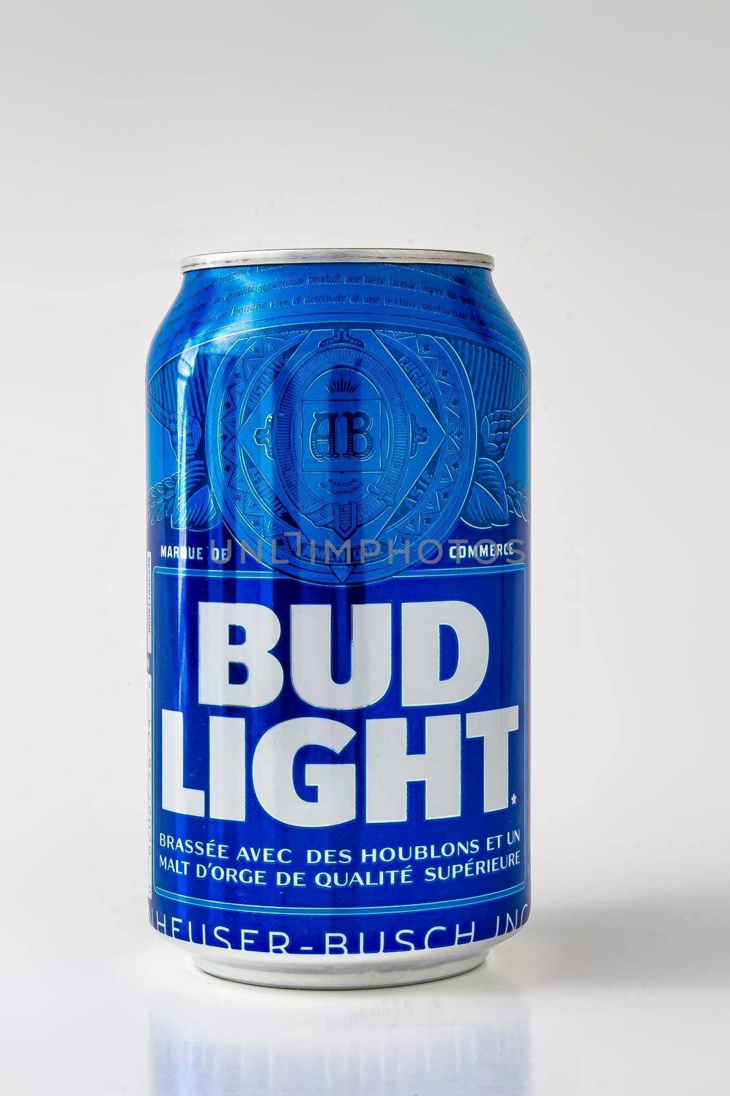 Calgary, Alberta, Canada. May 1, 2020. A beer can of bud light on a white background