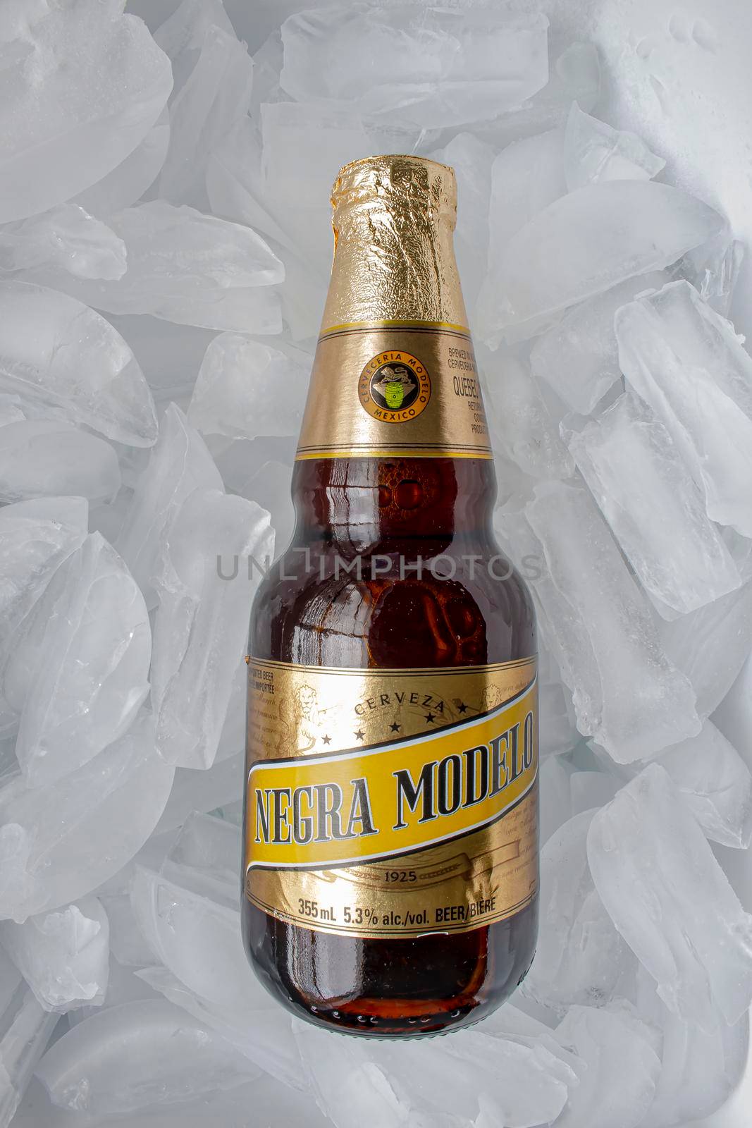 Calgary, Alberta, Canada. May 20, 2020. A Mexican beer Negra Modelo bottle on a bed of ice by oasisamuel