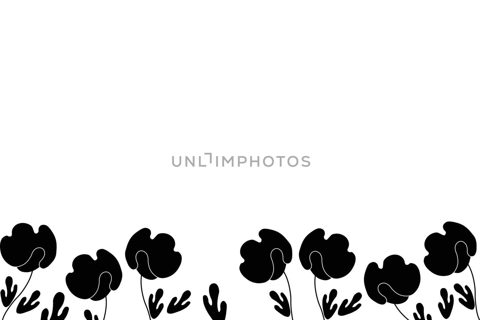 Floral frame based on traditional folk art ornaments. Black and white background. Ornate border with flowers. Vector illustration for wallpaper, posters, card. Scandinavian style. Copy space.