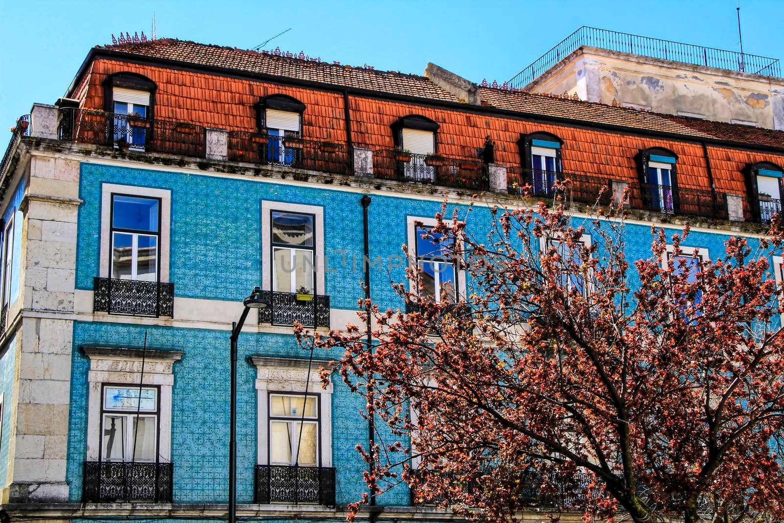 Old colorful houses and streets of Lisbon, Portugal in Spring. Majestic facades and old street lights.