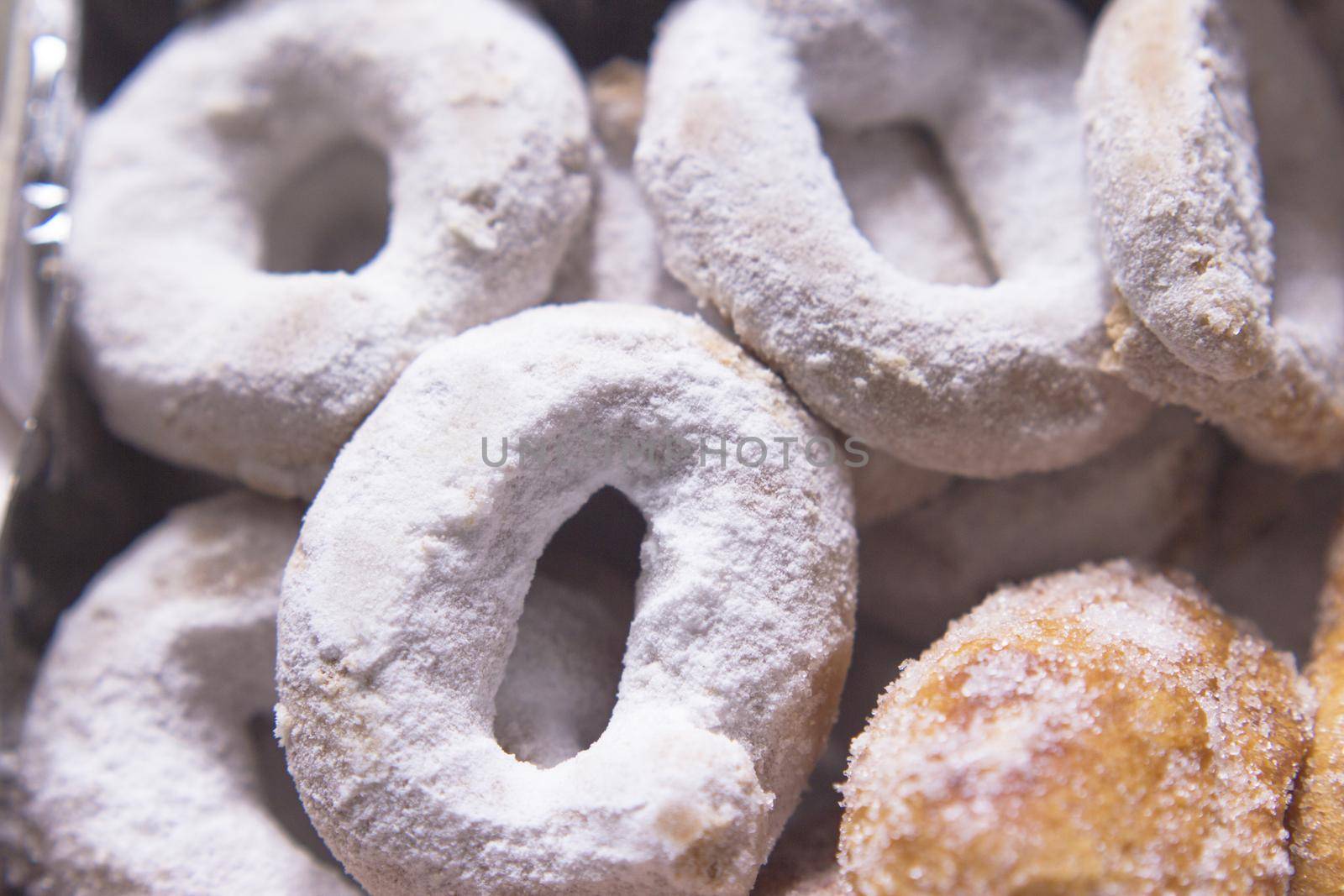 Handmade homemade donuts and fritters. No people