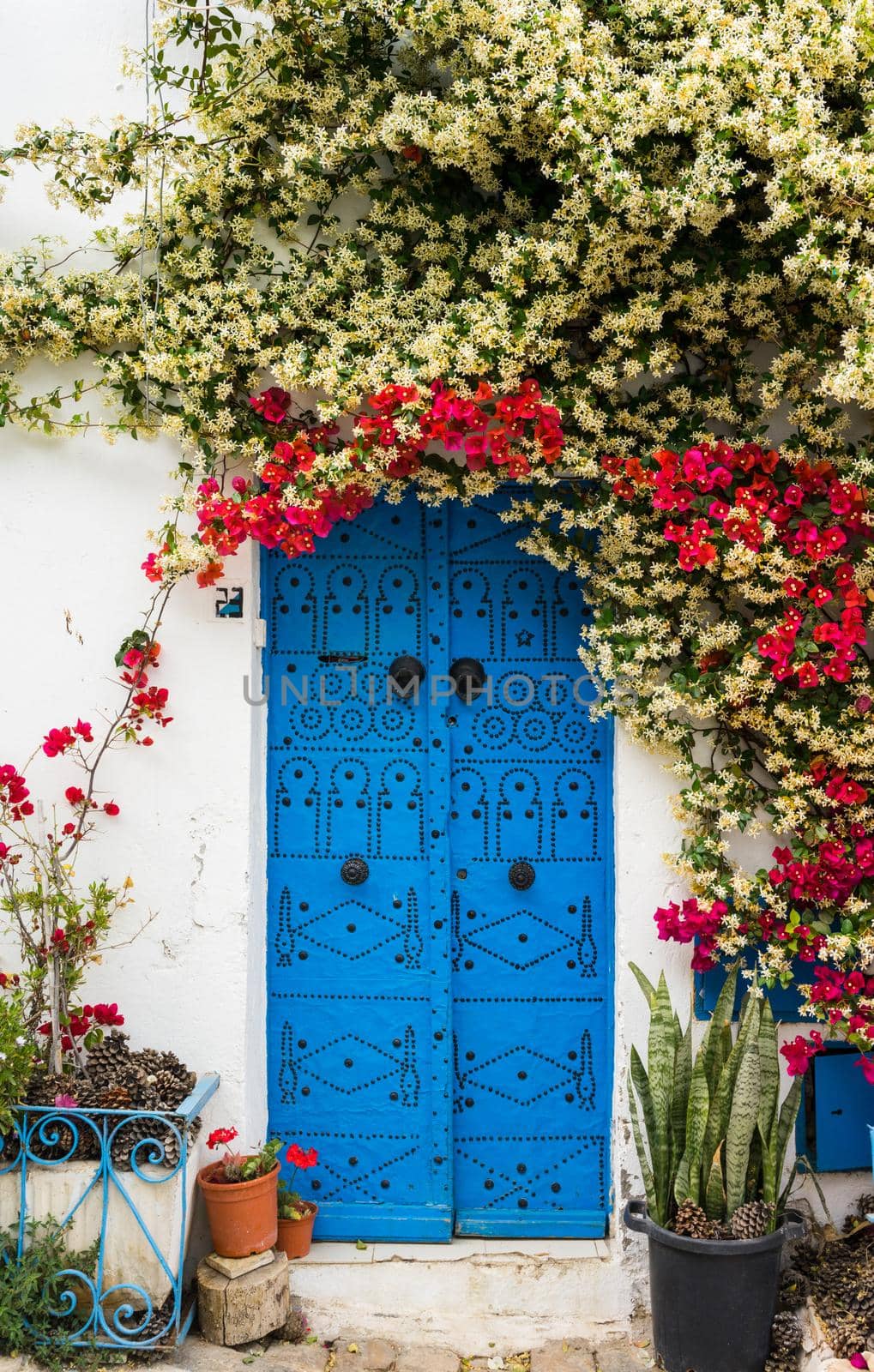Blue door with traditional ornament as symbol of Sidi Bou Said and flowers