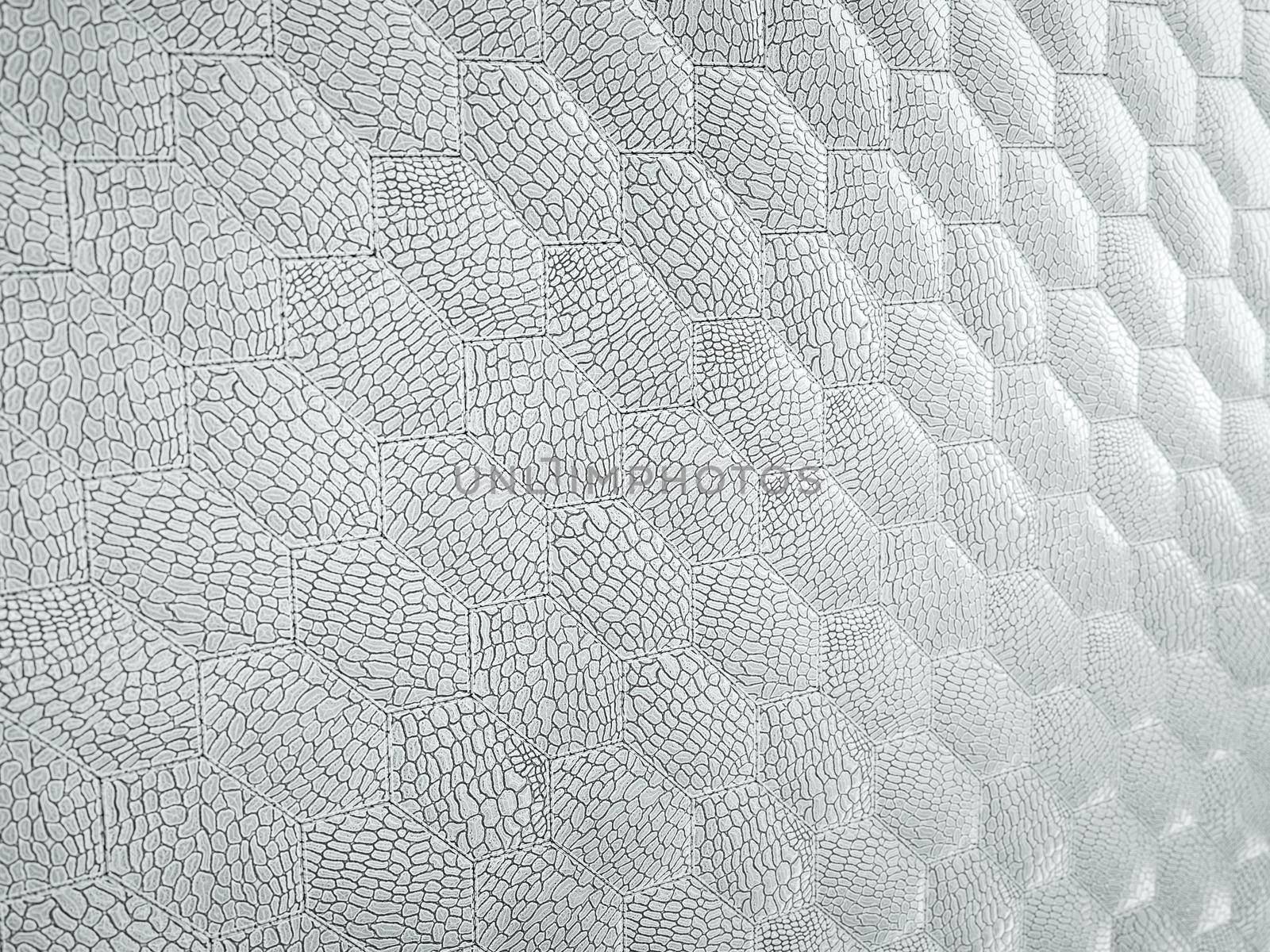 Alligator or crocodile white Leather. hexagon or honeycomb stitched texture or background with bumps. 3d render, 3d illustration