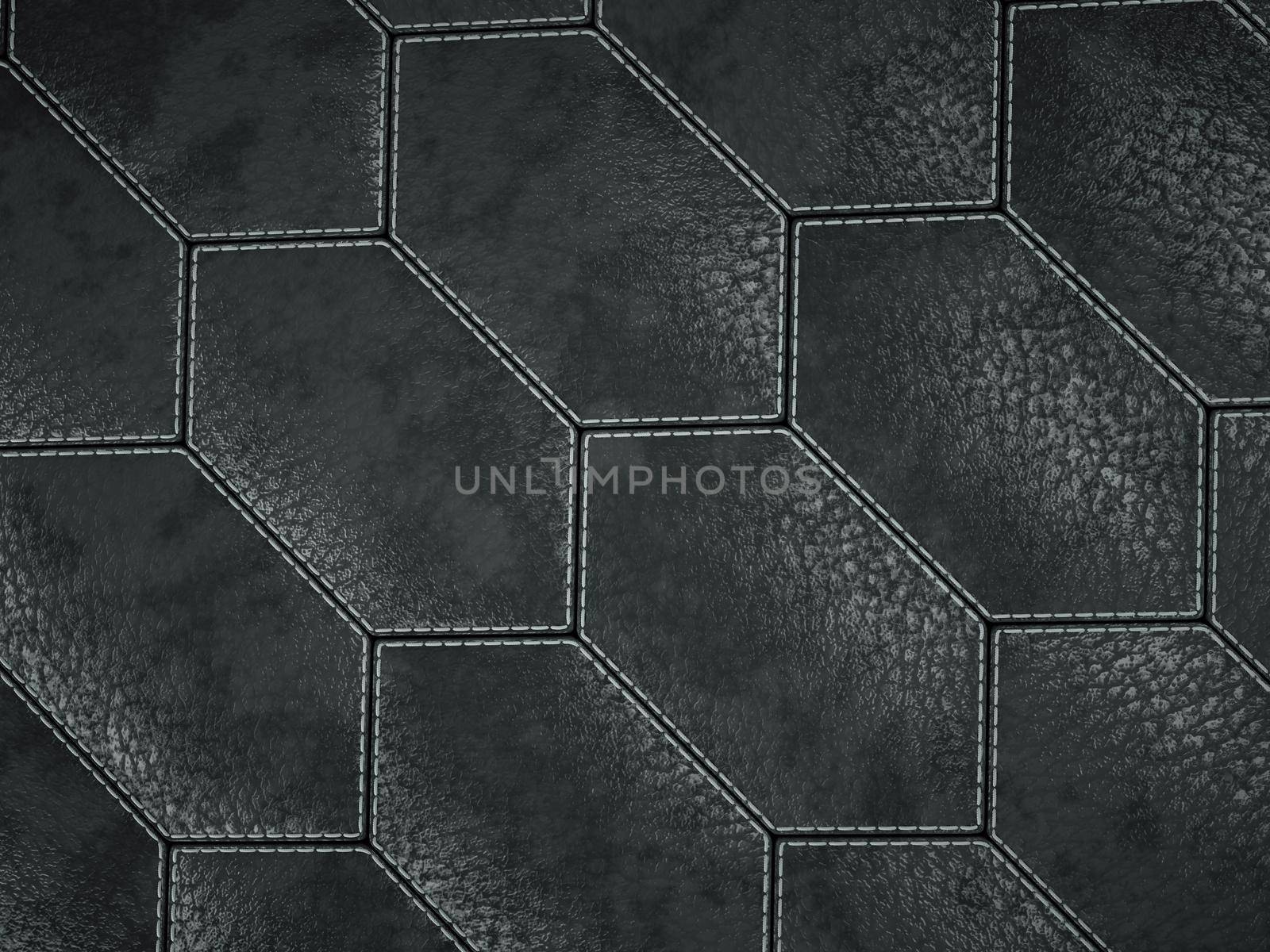 Leather stitched hexagon or honecomb black shiny texture or background with bumps. 3d render, 3d illustration