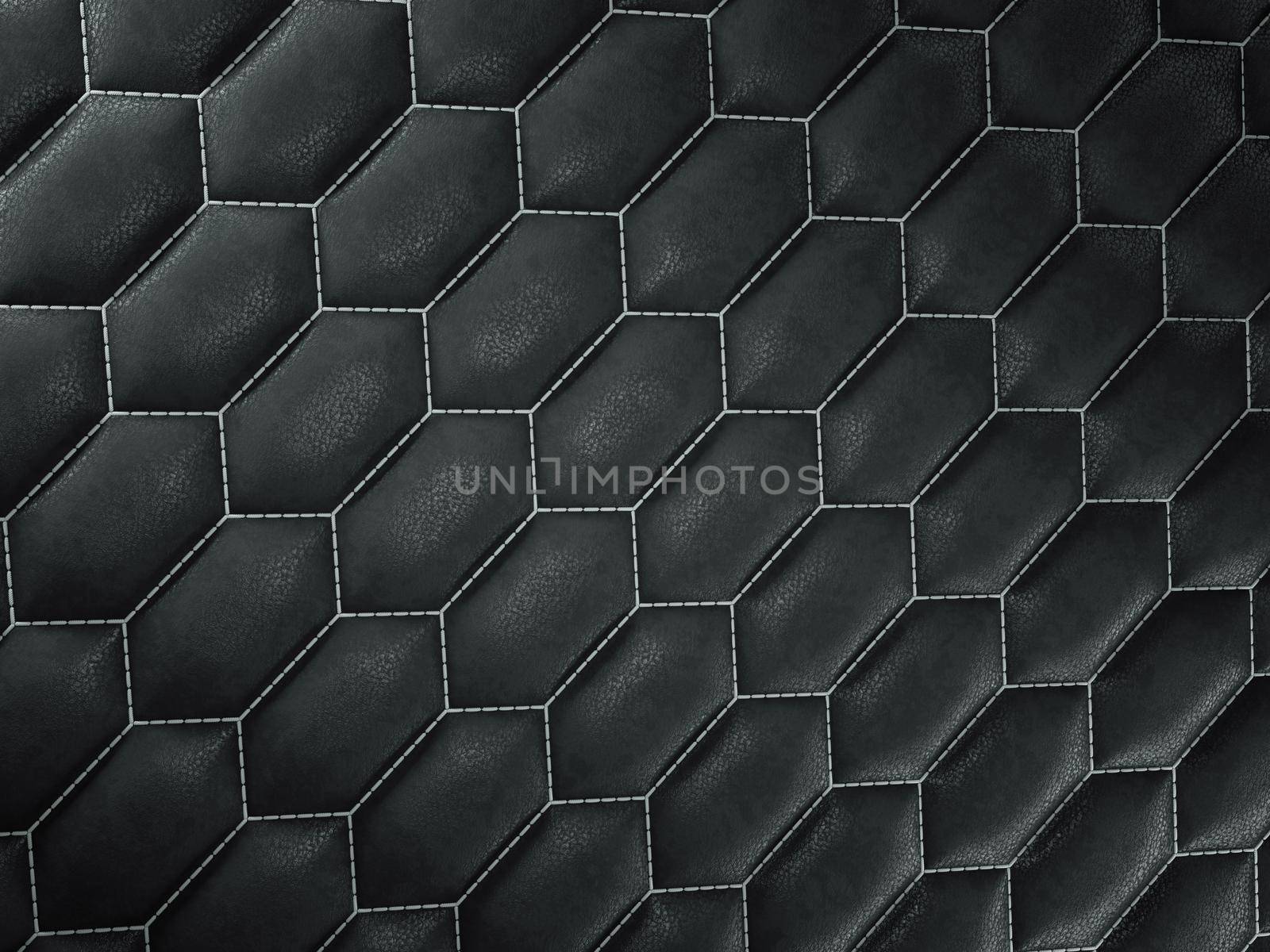 Leather stitched hexagon or honecomb black shiny texture or background with bumps. 3d render, 3d illustration