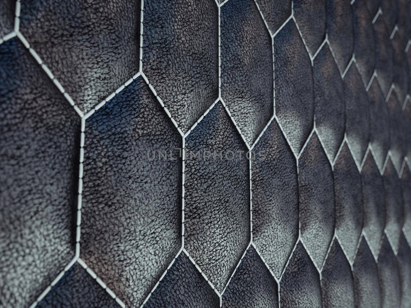 Leather stitched hexagon or honecomb black shiny texture or background with bumps. 3d render, 3d illustration