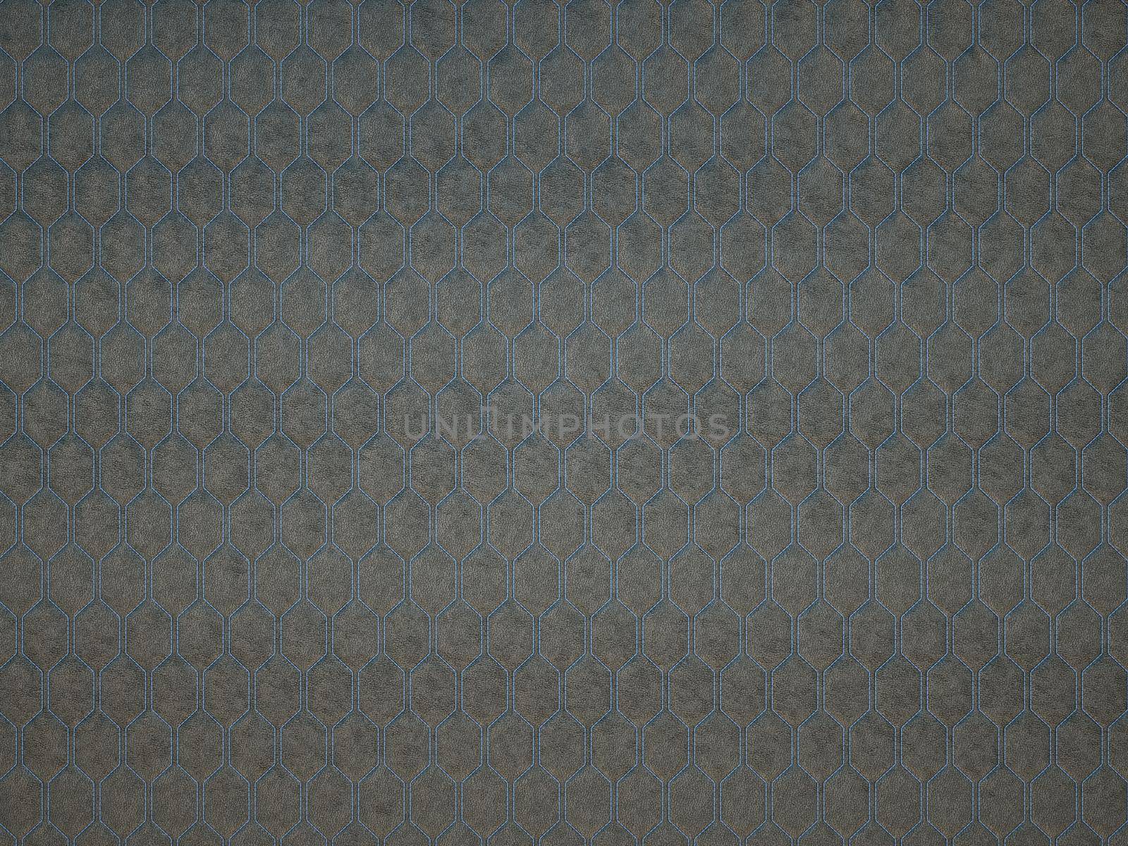 Leather stitched with blue hexagon or honecomb grey texture or background. 3d render, 3d illustration