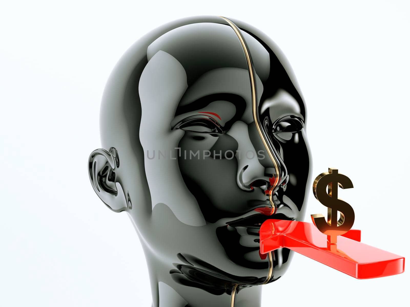 Consumption or consumerism arrow and dollar sign near human or customer mouth. 3d render, 3d illustration
