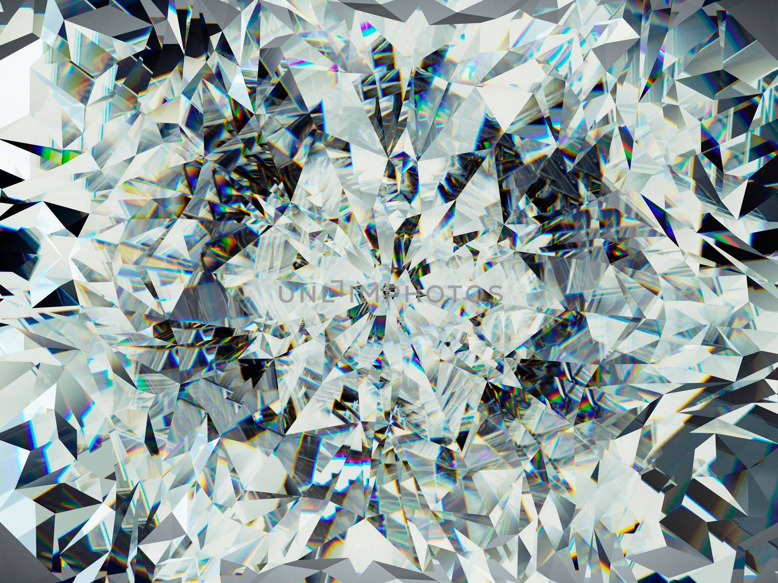 diamond structure extreme closeup and kaleidoscope. top view of round gemstone 3d render, 3d illustration