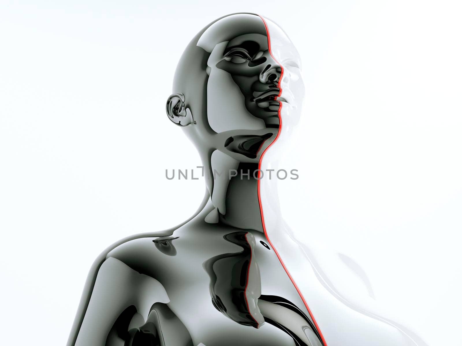Black and white female body separated by red line as symbol of balance and diversity