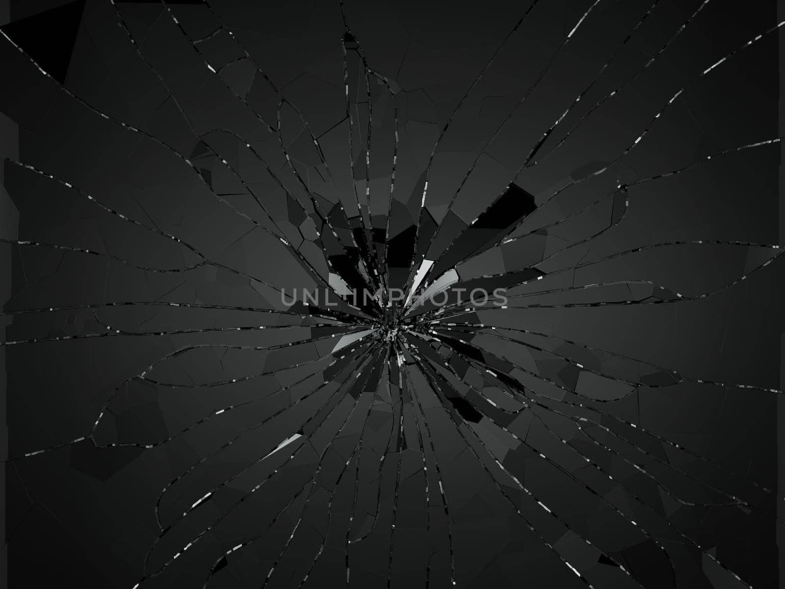 Bullet hole pieces of shattered or smashed glass. 3d rendering 3d illustration