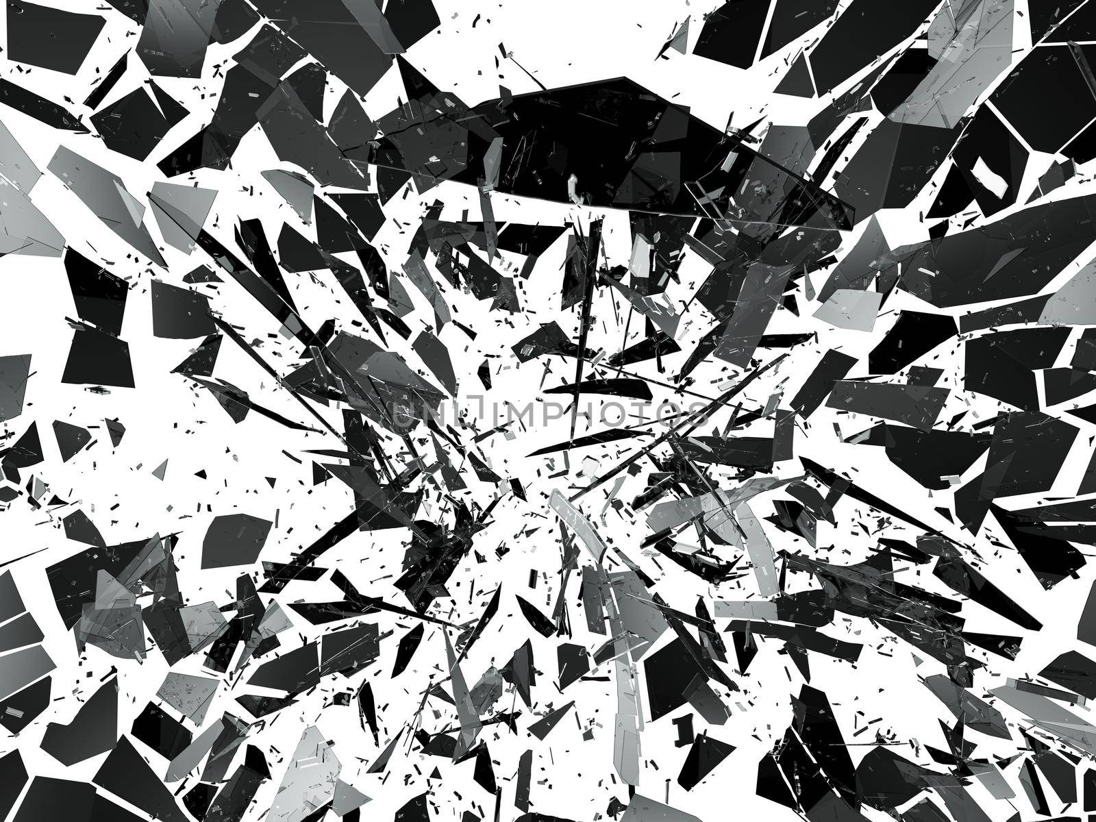 Pieces of destructed Shattered glass on white. 3d rendering 3d illustration