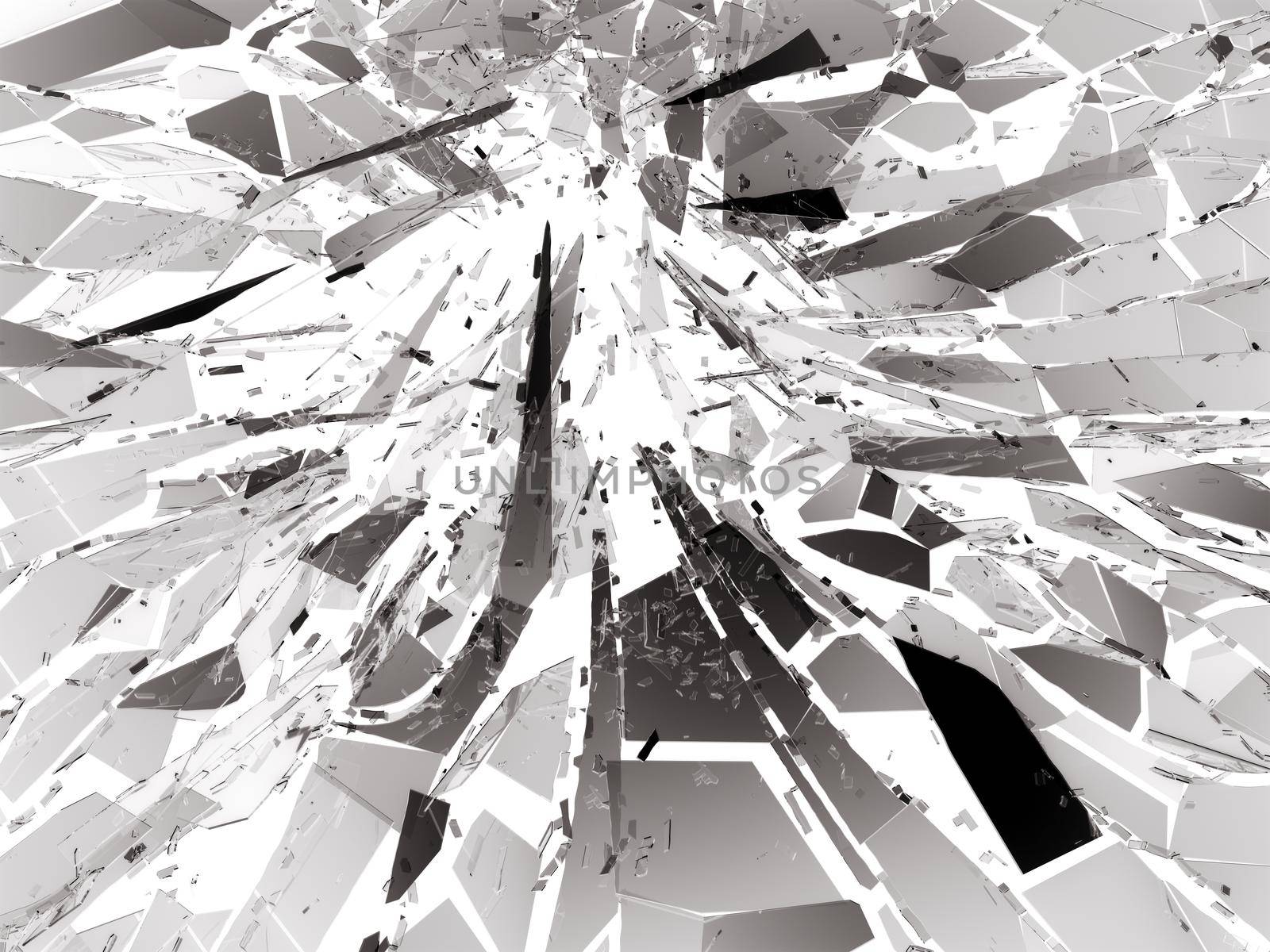 Pieces of destructed Shattered glass on white. 3d rendering 3d illustration