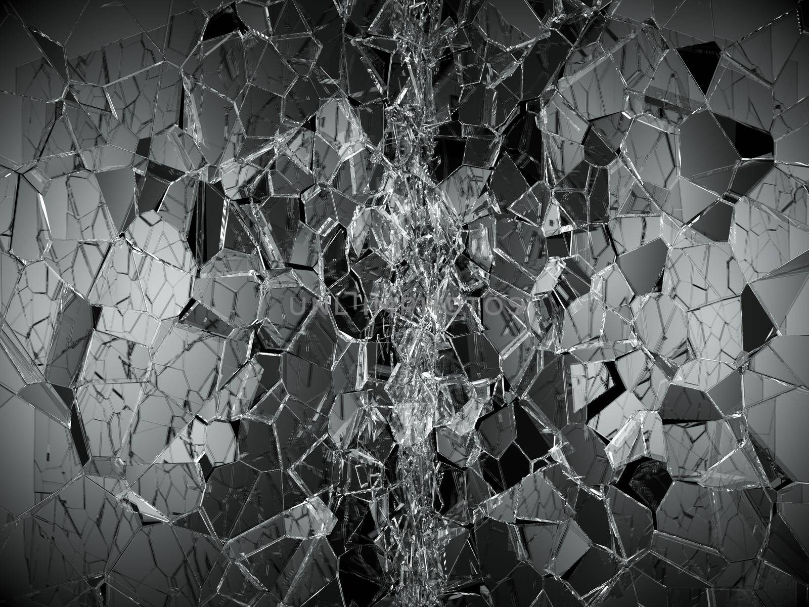 Pieces of splitted or cracked glass on black. 3d rendering 3d illustration