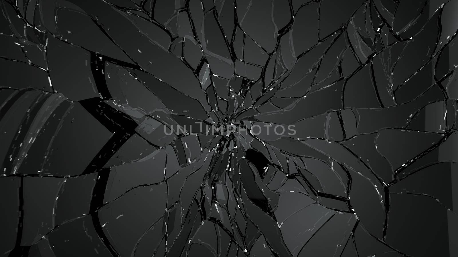 Shattered or demolished glass over black. high resolution 3d illustration, 3d rendering
