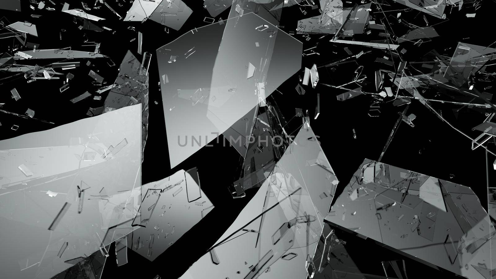 Shattered or demolished glass over black background. 3d rendering 3d illustration