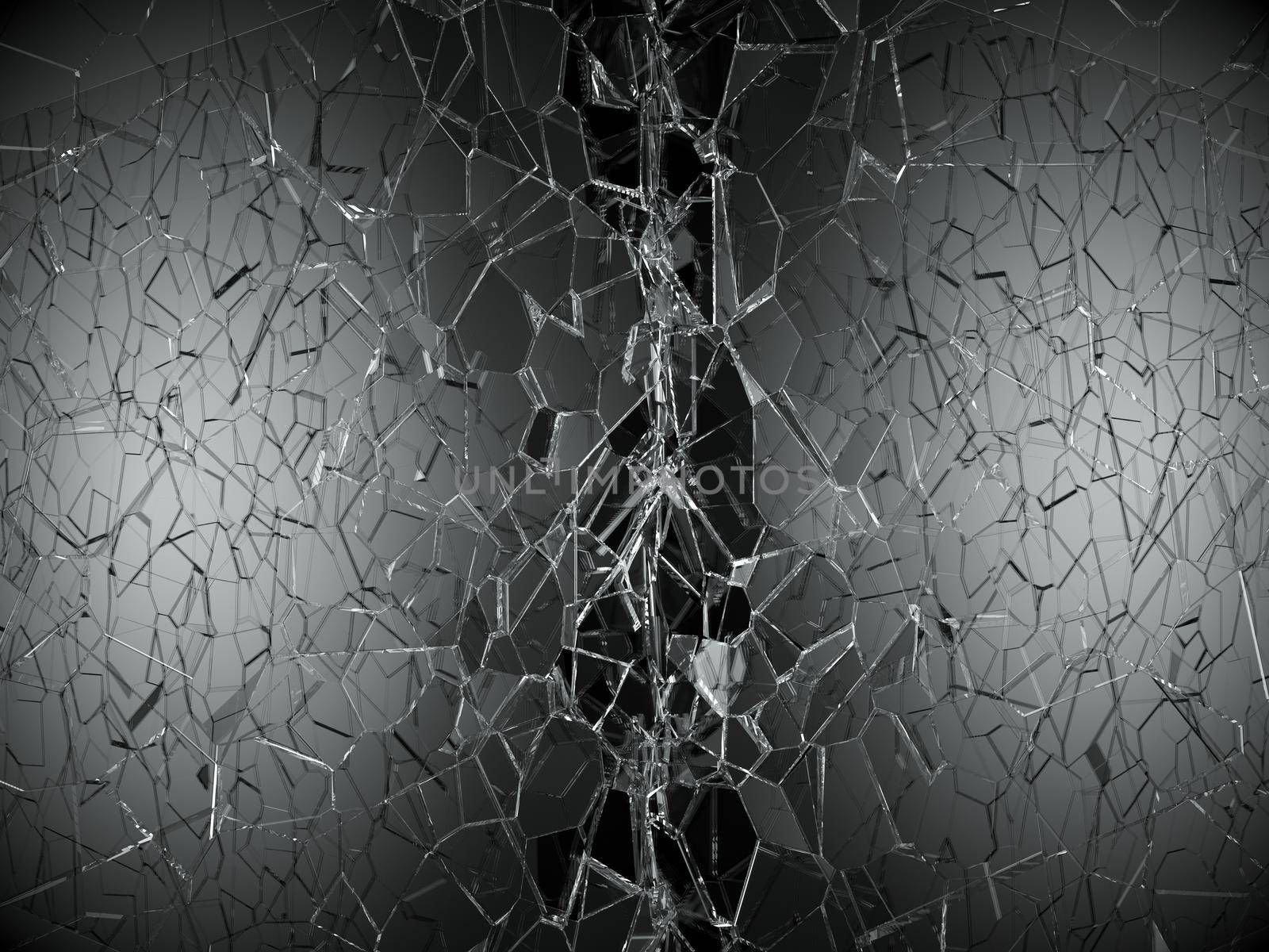 Shattered or demolished glass over black background. 3d rendering 3d illustration