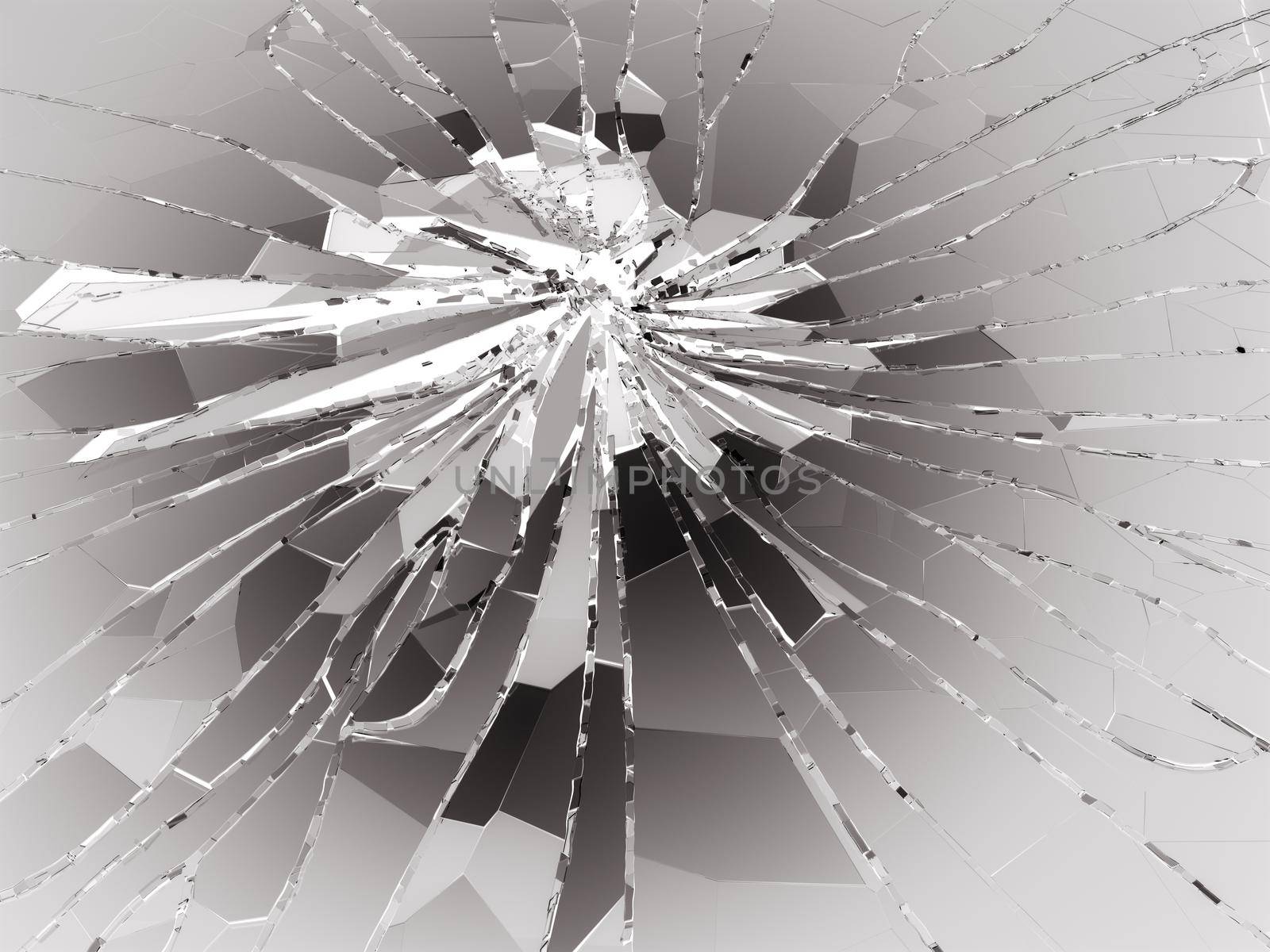 Shattered or demolished glass over white. 3d rendering 3d illustration