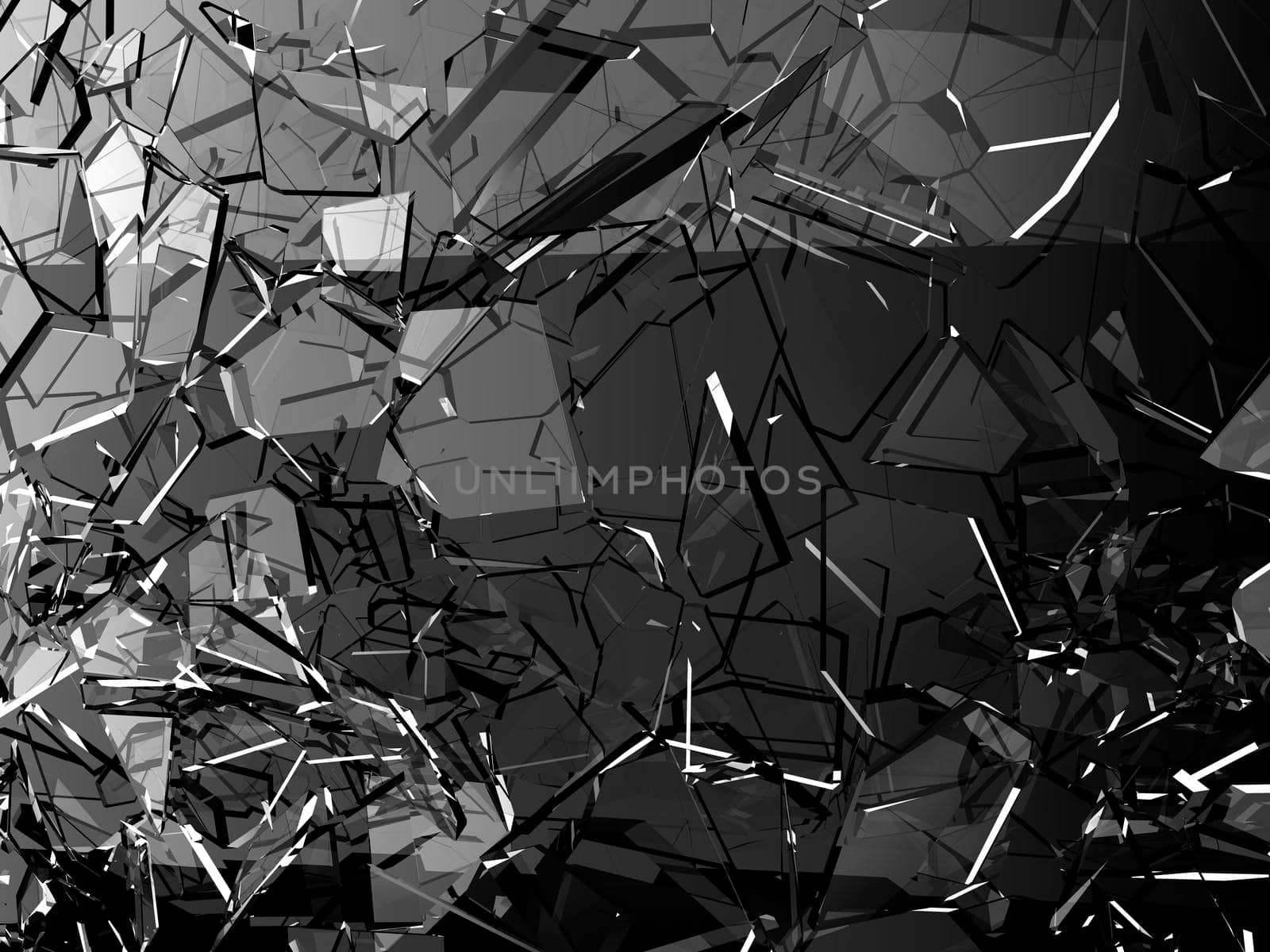 Pieces of glass broken or cracked on black, 3d illustration; 3d rendering