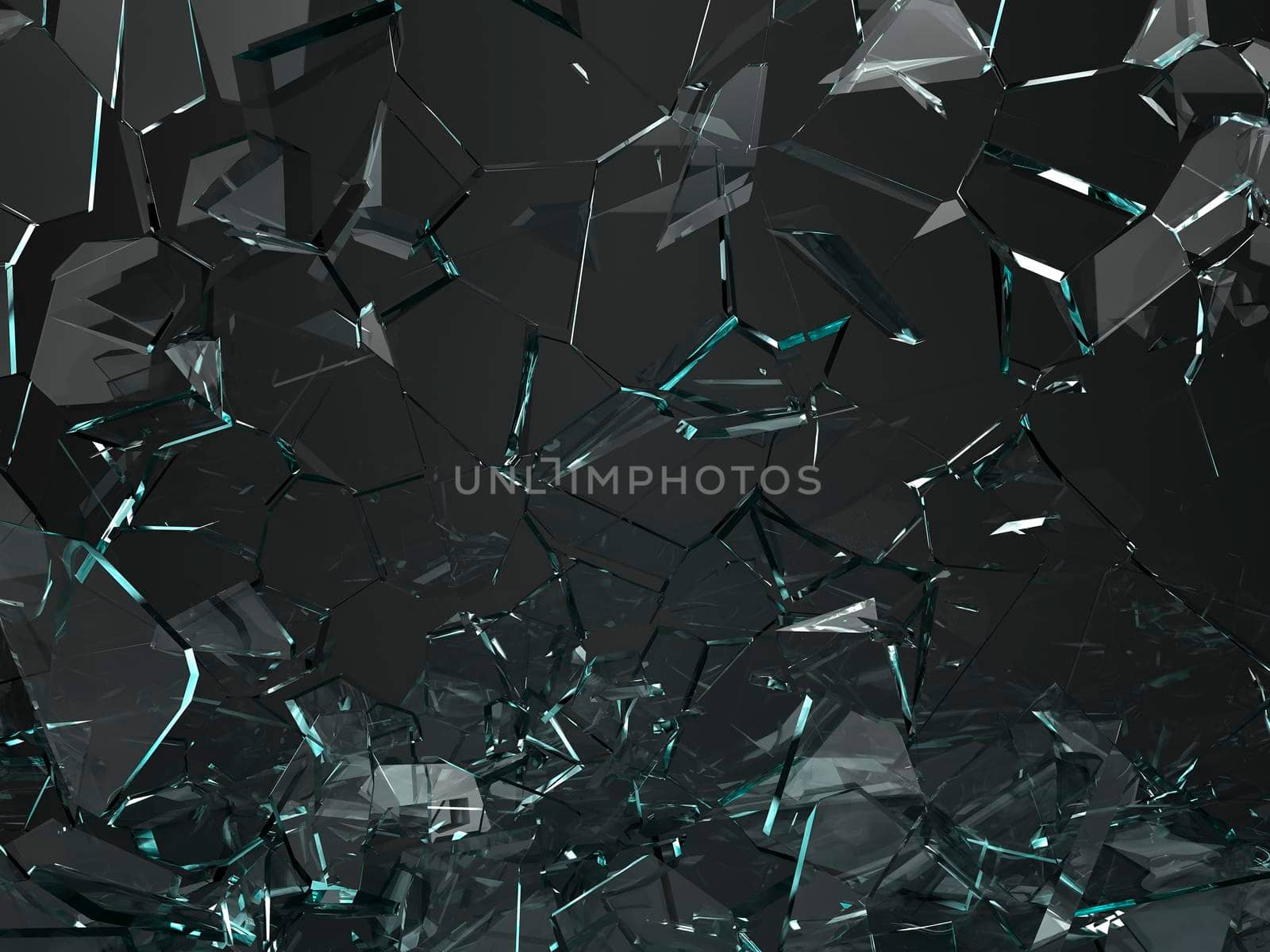 Pieces of glass broken or cracked on black, 3d illustration; 3d rendering