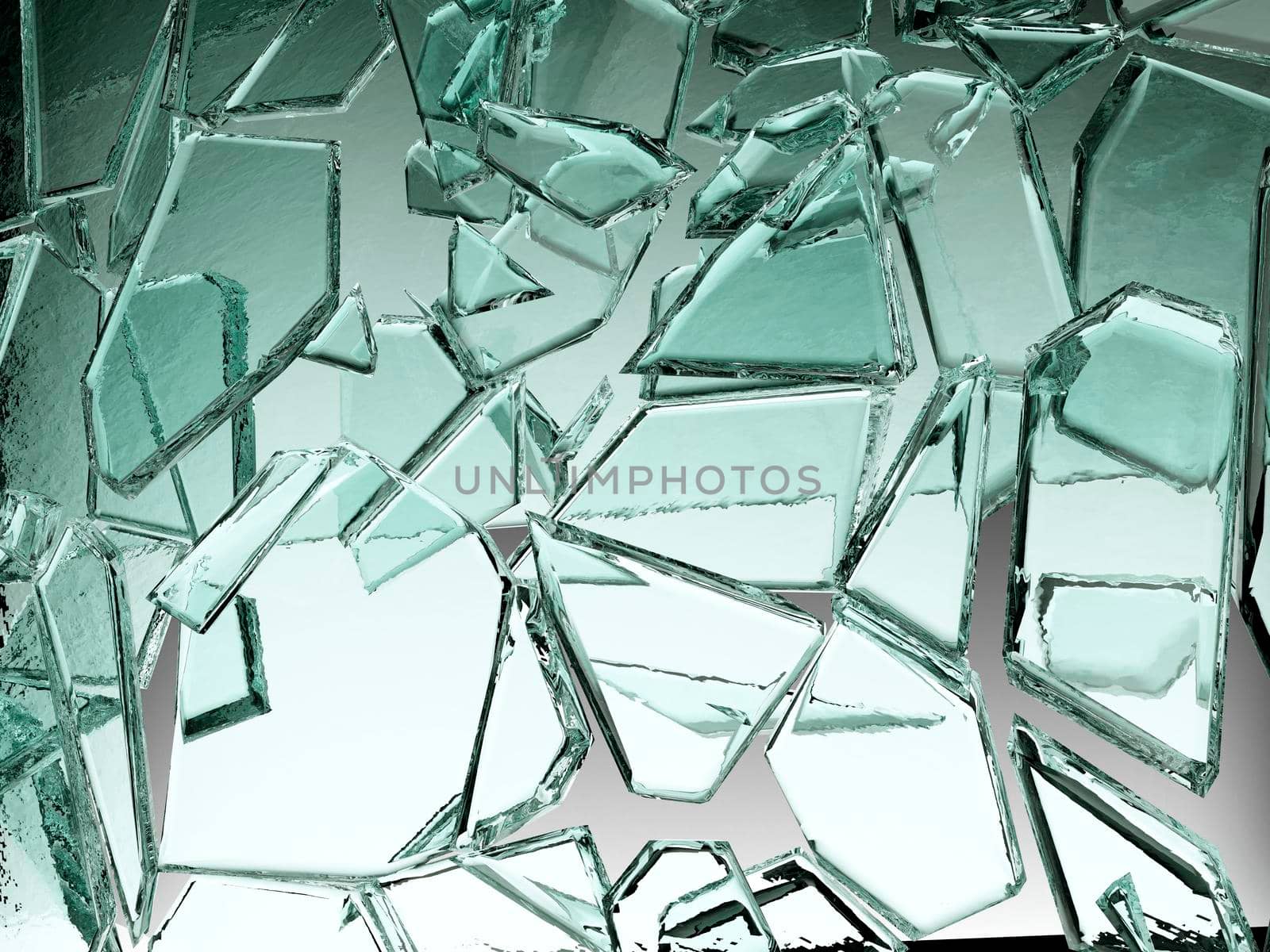 Pieces of transparent glass broken or cracked, 3d illustration; 3d rendering