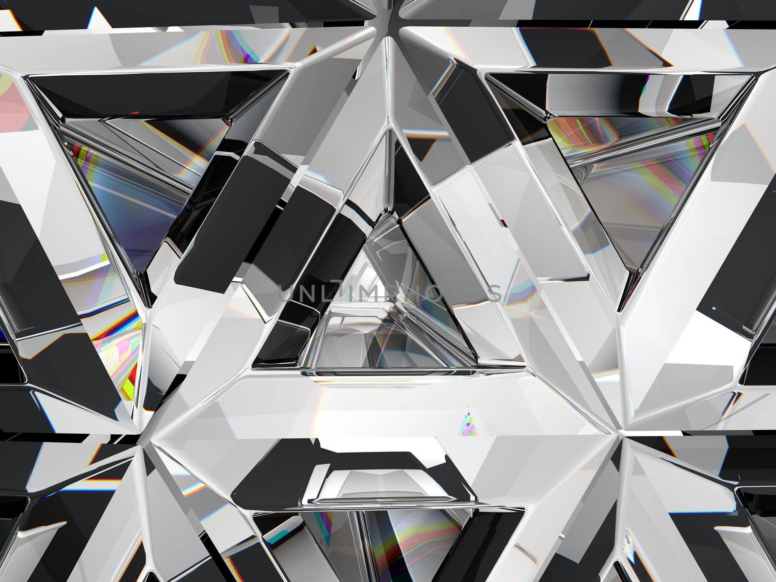 Gemstone diamond or shiny glass triangular texture kaleidoscope background. 3d render, 3d illustration