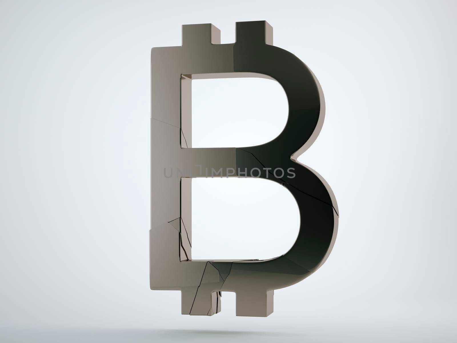 Black bitcoin symbol with cracks on grey background. 3d render, 3d animation