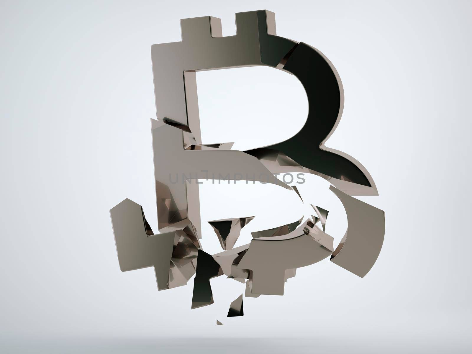 Black bitcoin symbol shattered and broken on grey background. 3d render, 3d animation