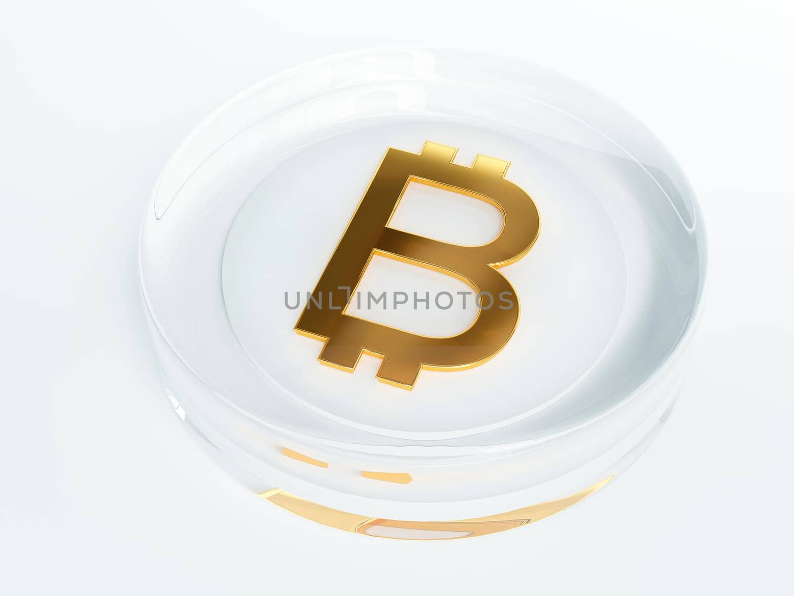 bitcoin cryptocurrency golden symbol covered with transparent glass or plastic 3d render, 3d illustration