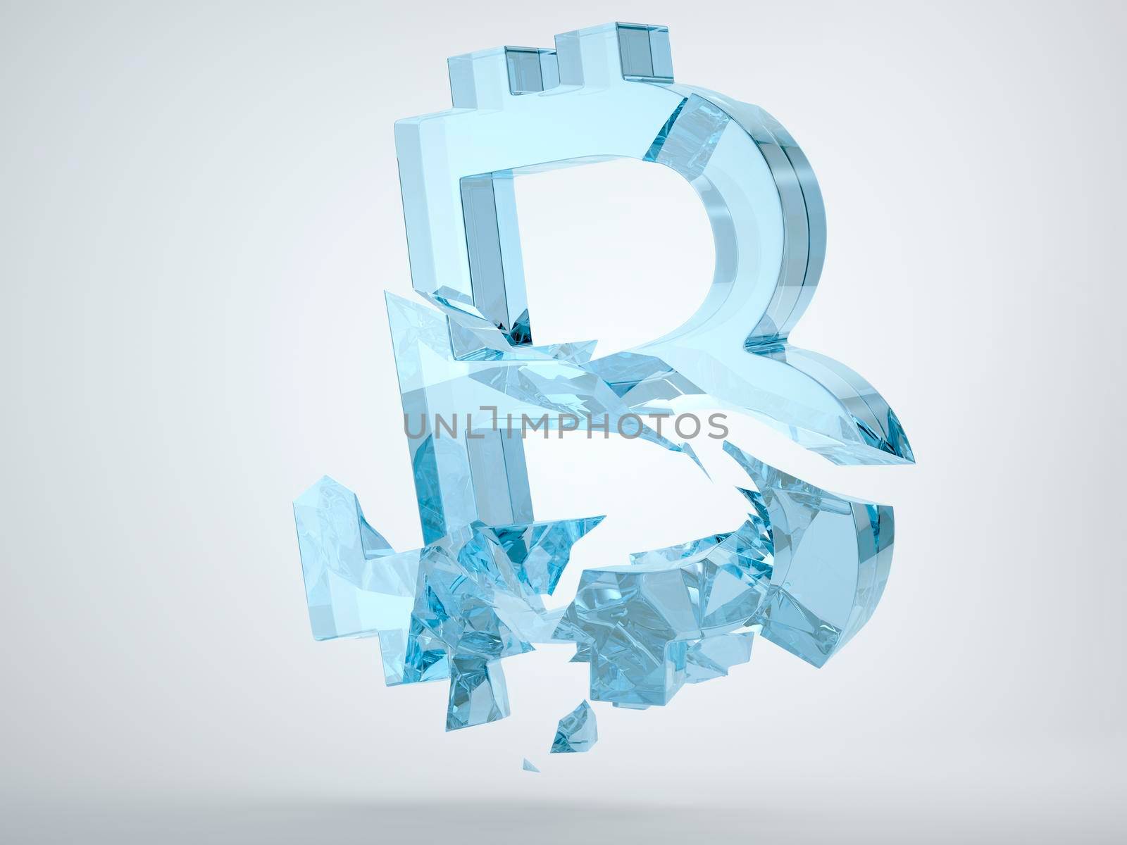 Glass bitcoin symbol with cracks on grey background. 3d render, 3d animation