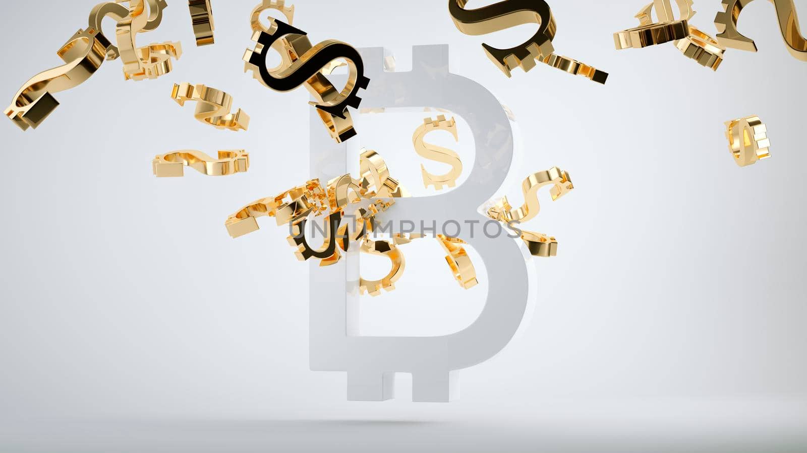 Bitcoin devaluation symbol and shattered golden dollar  by Arsgera